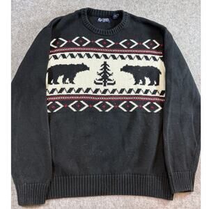 Chaps Bear Sweater Mens XL Black Fair Isle Pullover Cotton Knit Cozy Winter